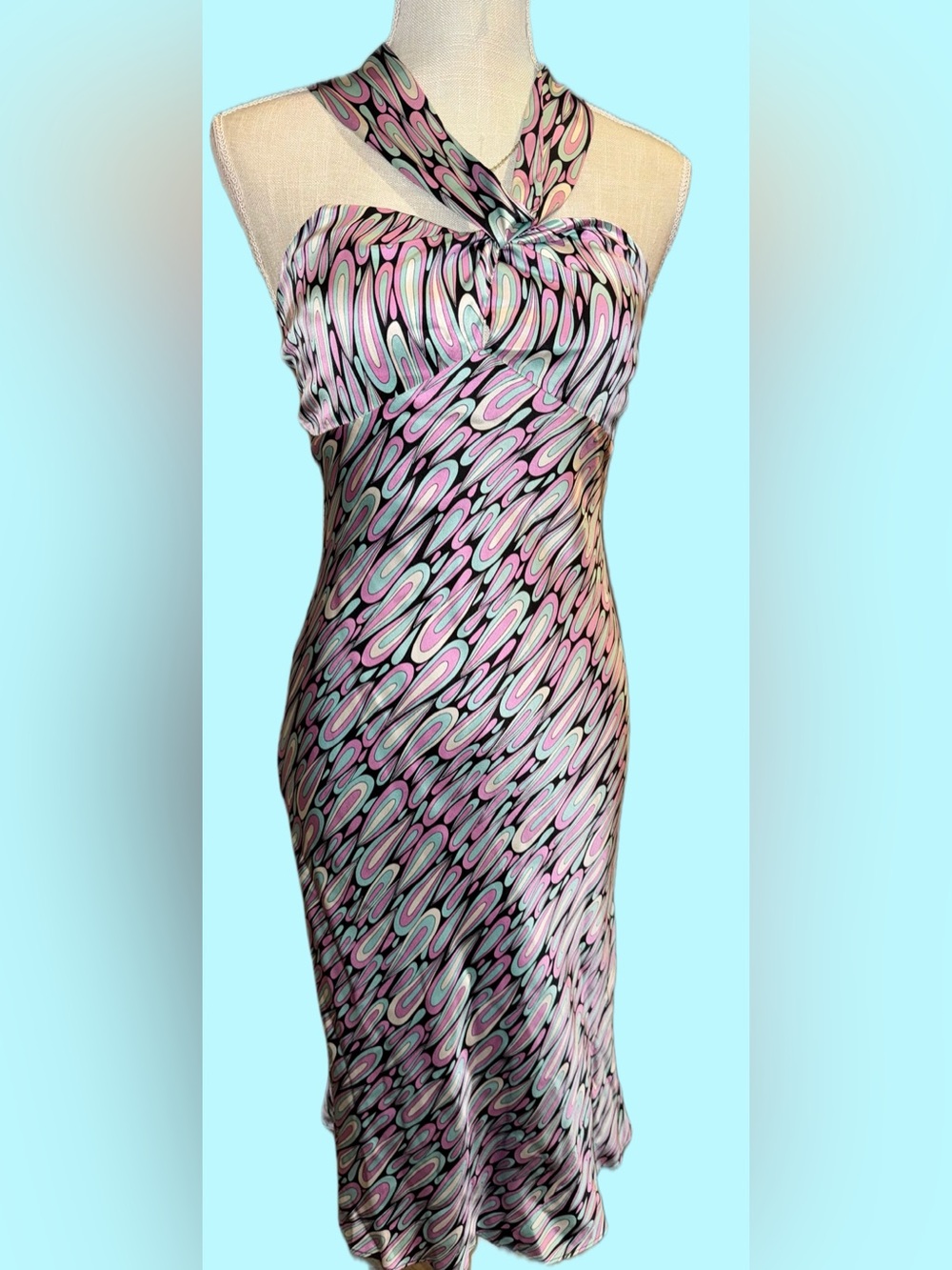 VTG Laundry by Shelli Segal Silk Halter Dress Pink Psychedelic Swirl Y2K Midi